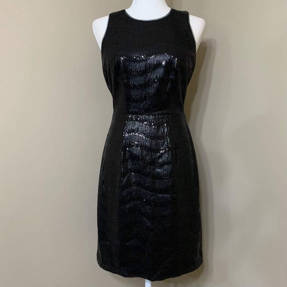 BCBG Max Azria Nera Black Sequin Sleeveless Cocktail Dress Open Back 06